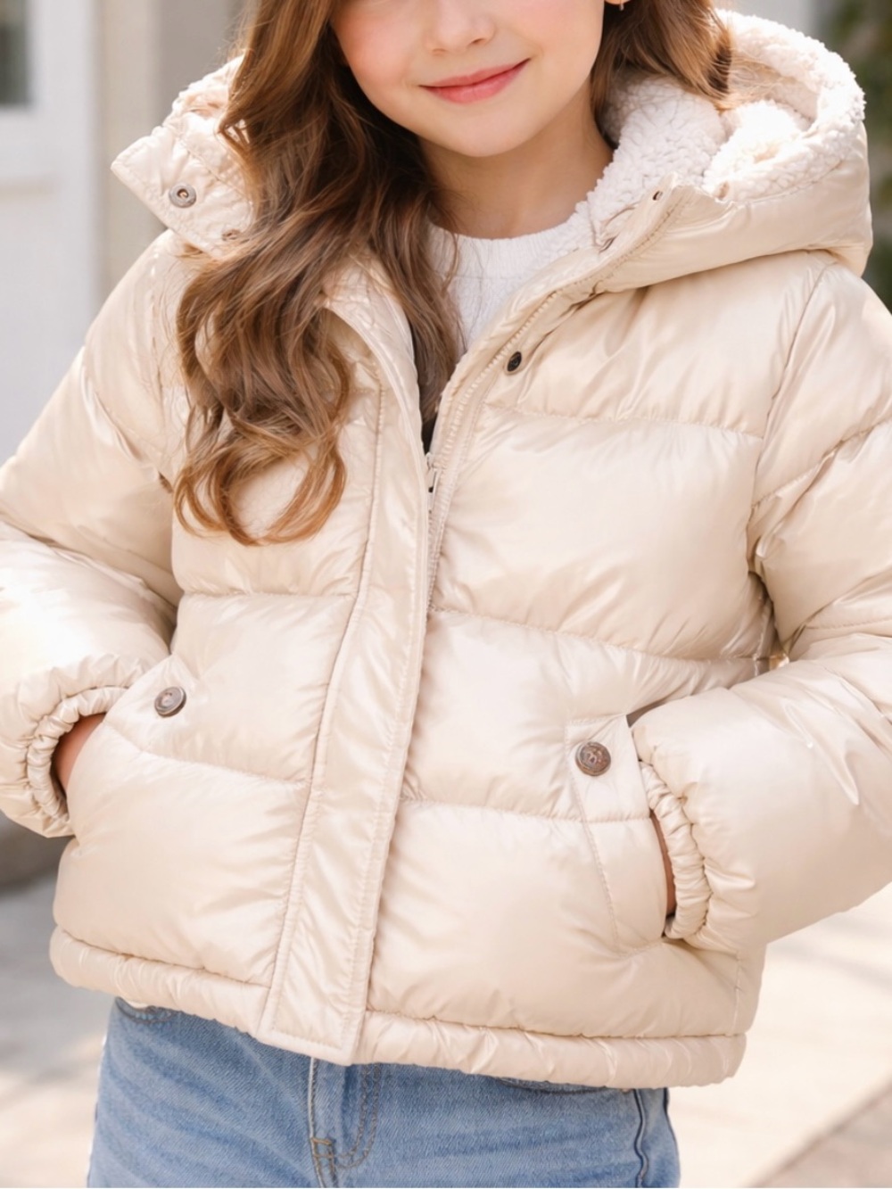 SNOBBISH COLLECTION Girls Cream Puffer Jacket with Hood Size S/CH